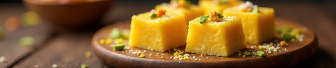 Golden barfi with kesar and pistachio on wooden platter, indian sweets, kesar