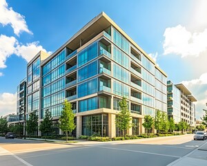 A modern office building featuring sleek glass windows, surrounded by greenery