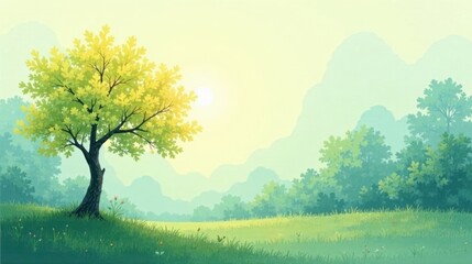 Fototapeta premium Serene Spring Meadow with Single Deciduous Tree and Rolling Hills Under a Gentle Morning Sun