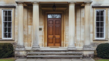 Naklejka premium A Grand, Old Building With A Classic Portico, Featuring Stone Columns, A Wooden Door, And Neatly Trimmed Bushes. The Scene Evokes A Sense Of Timeless Elegance And Quiet Dignity.