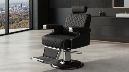 High-end black barber chair with adjustable height and footrest in a modern salon environment