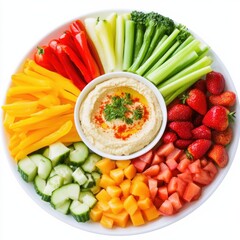 A colorful vegetable crudit鑼�platter with hummus dip, isolated white background, pop art style