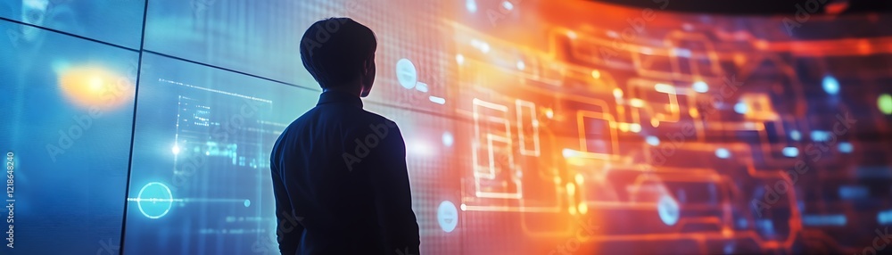 Poster a person stands in awe, gazing at vibrant digital displays filled with data and patterns, representi