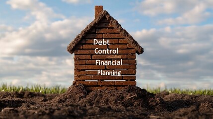 A brick house structure symbolizes financial stability, featuring phrases like "Debt Control" and "Financial Planning" against a scenic sky backdrop.