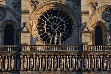 Façade Notre dame de  Paris, Cathédrale de Paris, soir.