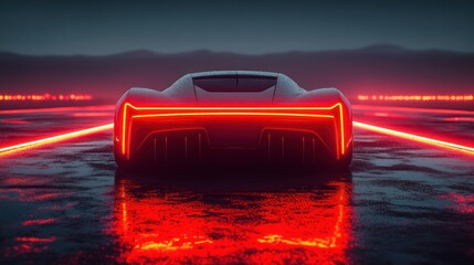 Futuristic car, red lights, night, desert, speed