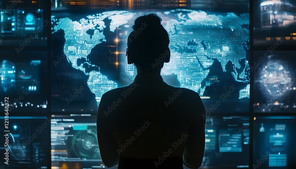Poster a silhouette of a person standing in front of a futuristic digital screen displaying global data and