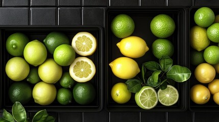 Open crates displaying fresh lemons, limes, and other citrus fruits.