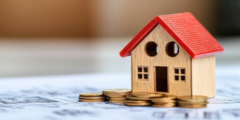 Household debt planning concept. A small wooden house model with a red roof rests on coins, symbolizing real estate investment and financial growth.