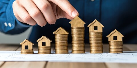 Household debt planning concept. A hand stacking a house model on top of increasing coin towers, symbolizing growth in real estate investment and financial success.