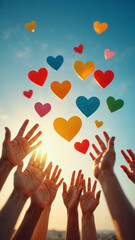Diverse Group Reaching for Colorful Hearts in Blue Sky, Ideal for Non-Profit Marketing, Volunteerism, and Community Outreach Campaigns