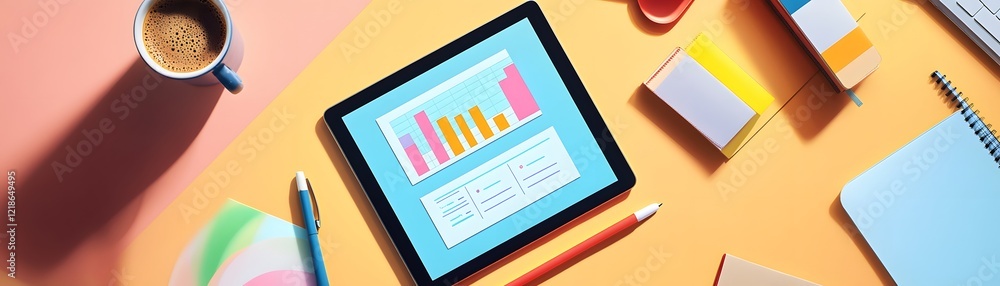 Poster a stylish workspace featuring a tablet displaying colorful graphs. surrounding objects include a cof