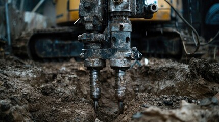 The drill mechanism of a water well drilling machine being lowered into the ground, with the earth beneath being disturbed.