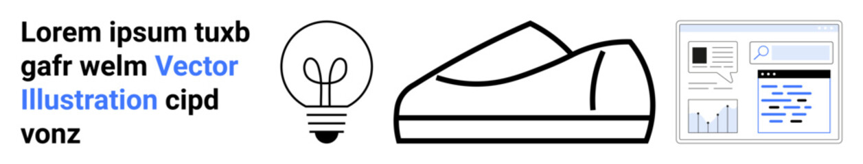 Light bulb icon, minimalist sneaker outline, and a general user interface concept with charts and text elements. Ideal for modern design, creativity, technology, innovation, fashion, user experience