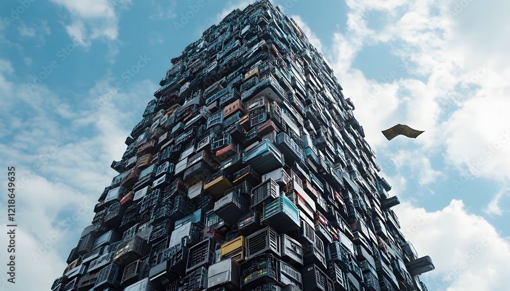 Poster a towering structure made of stacked shipping containers reaches into the clouds, showcasing innovat