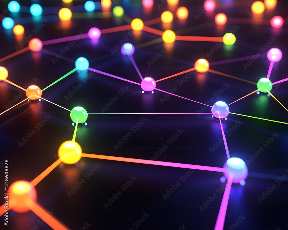 Poster a vibrant and colorful digital network of interconnected nodes, representing technology and connecti