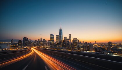 City lights and skyscrapers captured at high speed with motion blur, featuring glowing orange and yellow light trails that curve into the horizon at sunset. hd image