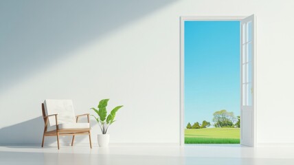 Stylish 3D Rendering of a Serene Scandinavian-Style White Room with Modern Decor and Minimalist Aesthetic