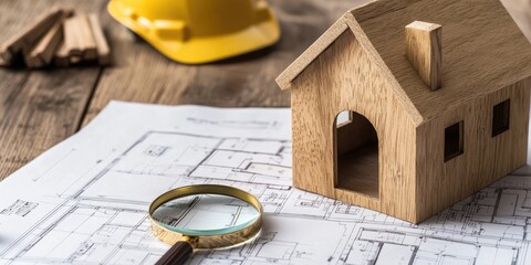 Household debt planning concept. A wooden house model sits on architectural blueprints, accompanied by a magnifying glass and a yellow hard hat, symbolizing construction and design.