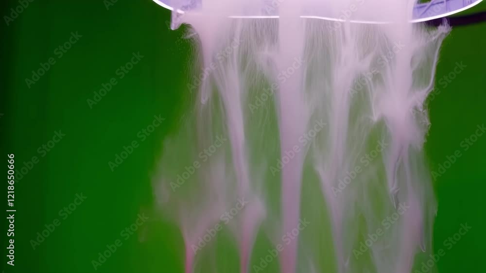 Poster pink smoke gently falling through metallic sieve against vivid green screen, creating dynamic visual