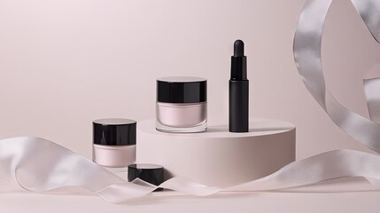Satin-finish makeup products styled with delicate silk ribbons.