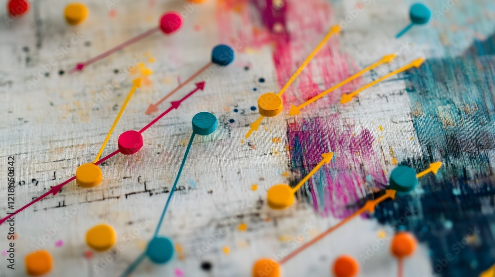 Poster an abstract composition featuring colorful pins and painted lines on a textured canvas. this vibrant