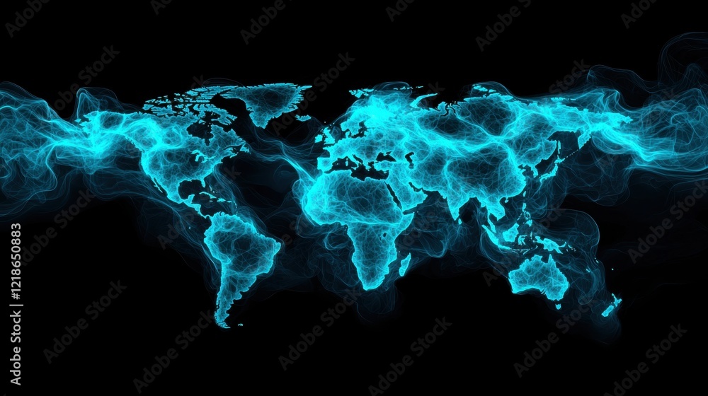 Poster global network stylized world map with interconnected nodes and lines, abstract representation of gl