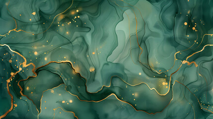 Abstract green and gold watercolor background with a stunning marble effect, generative ai