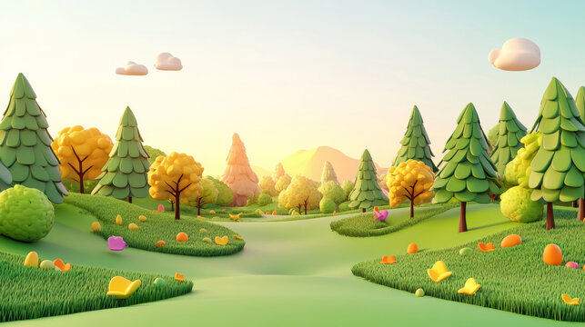 Colorful cartoon landscape with trees and hills