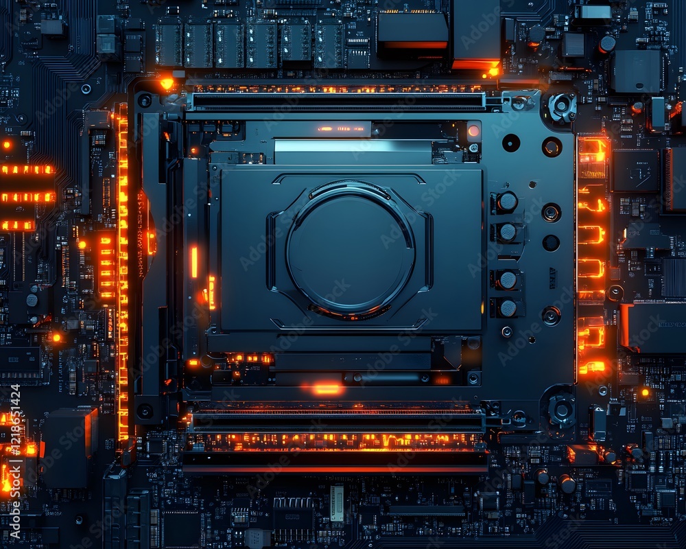 Poster an intricate close-up of a modern computer motherboard featuring vibrant orange lights, showcasing a