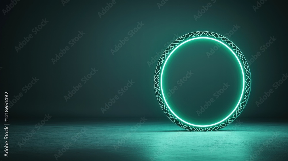 Poster neon circular door frame a neon green circular door frame with intricate geometric patterns within t
