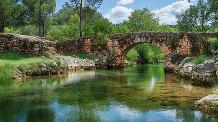 Charming old bridge crossing a crystal-clear stream generated AI