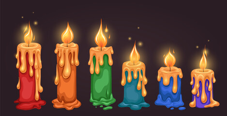 Vector set of rainbow burning candles on a dark background. Collection of colorful holiday candles