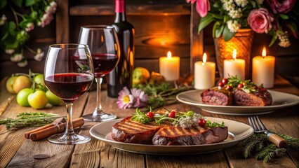 Fototapeta premium Cozy dinner setup with two plates of grilled steaks and a bottle of red wine on a wooden table surrounded by candles and flowers, restaurant style, candlelight
