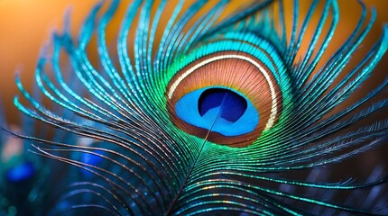 Obraz premium A Close-Up of a Vivid Peacock Feather, Displaying its Intricate Details and Iridescent Colors. A Masterpiece of Nature's Artistic Design.