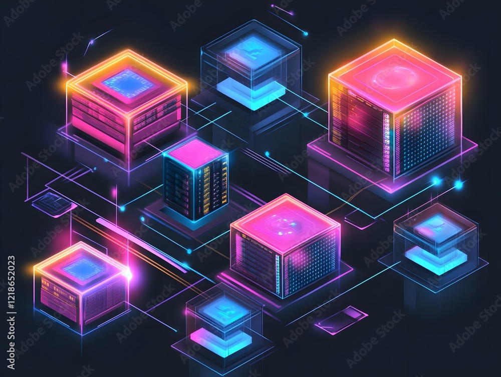 Poster colorful digital illustration of interconnected data servers with neon lights, representing advanced