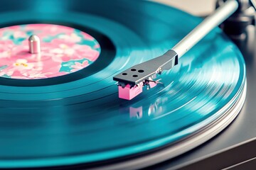 Vinyl record with teal and fuchsia patterns rotating on a sleek matte black turntable creating a retro-futuristic experience