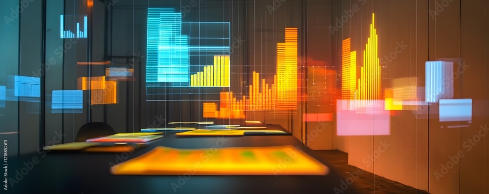 Poster futuristic data visualization room with vibrant charts and graphs displayed on transparent screens, 