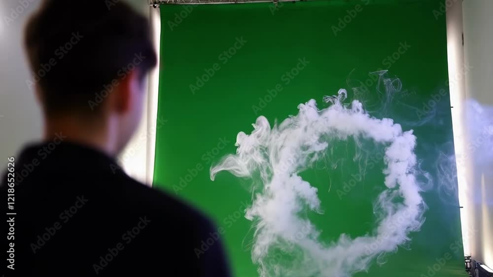 Poster technician observing white circular smoke expanding and gently dissipating against verdant chroma ke