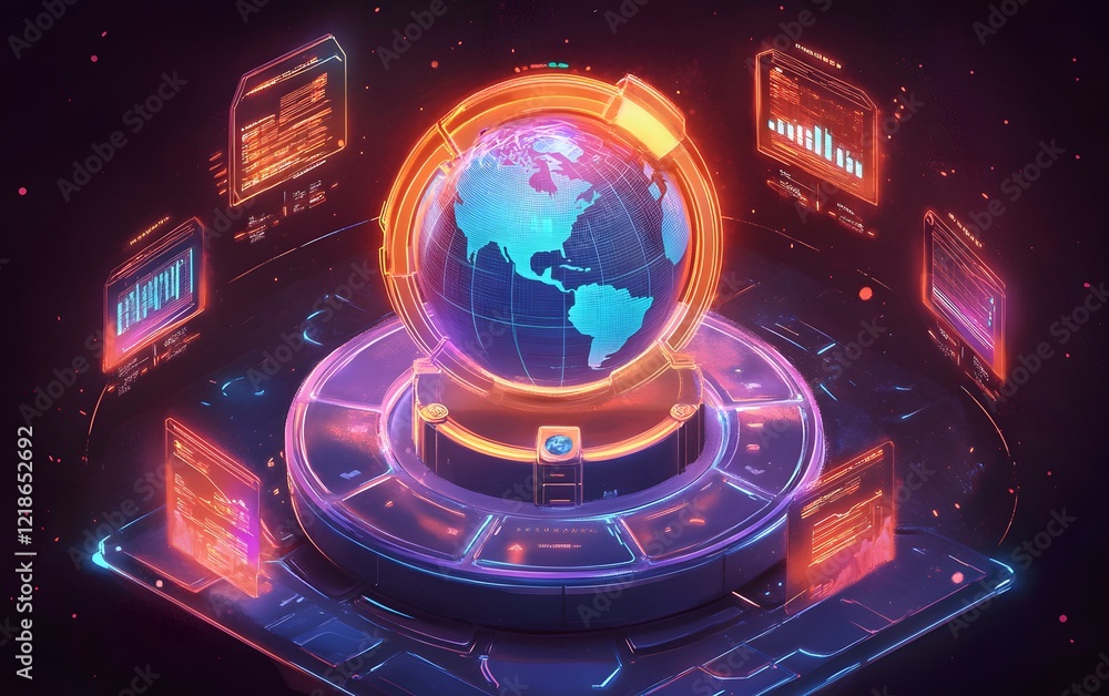 Poster futuristic digital globe with illuminated data screens, representing global connectivity and advance