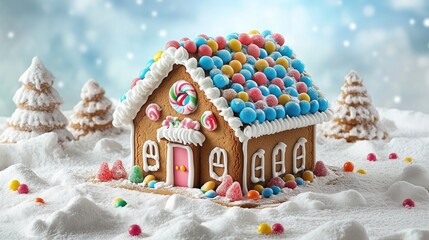 Christmas gingerbread house with candy decorations and icing - generated AI