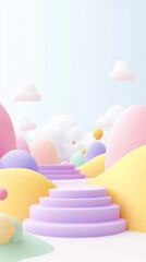 Whimsical pastel landscape with clouds and stairs