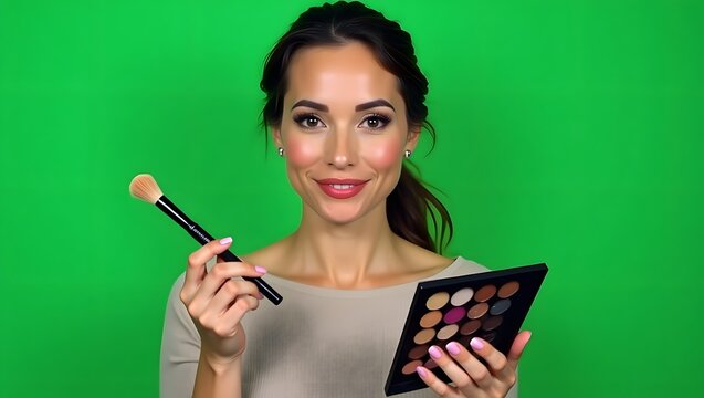 A beauty vlogger demonstrates makeup application with a brush and palette - showcasing beauty tutorials - ideal for social media, beauty blogs and online ads