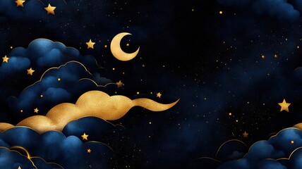 Stunning golden and black night sky painting featuring a luminous moon and shimmering stars.
