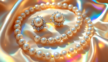 An opulent set of pearl jewelry, including a necklace and earrings, styled on a champagne-colored satin fabric with sparkling highlights