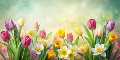 Colorful tulips and daffodils on a soft white paper background with subtle texture, surrounded by gentle greenery, botanical illustration , spring flowers