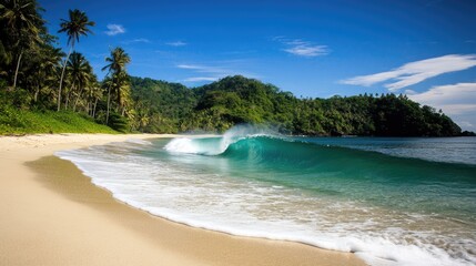 Tranquil beach with clear turquoise waters, soft white sand, and gentle waves lapping the shore.
