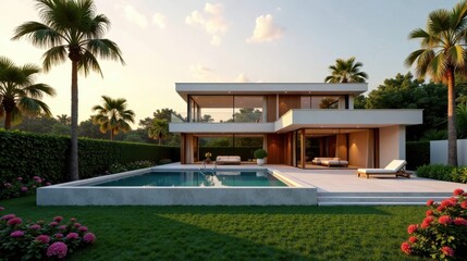Fototapeta premium Modern Two-Story Home with Infinity Pool and Lush Landscaping at Sunset