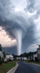 Tornado approaches residential area neighborhood gigapixel image dramatic sky wide angle nature's fury