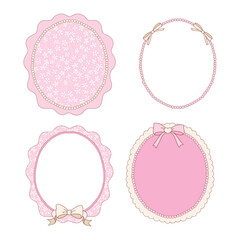 Hand drawn whimsical oval frames collection in coquette style  graphic set light pink pastel color style vector